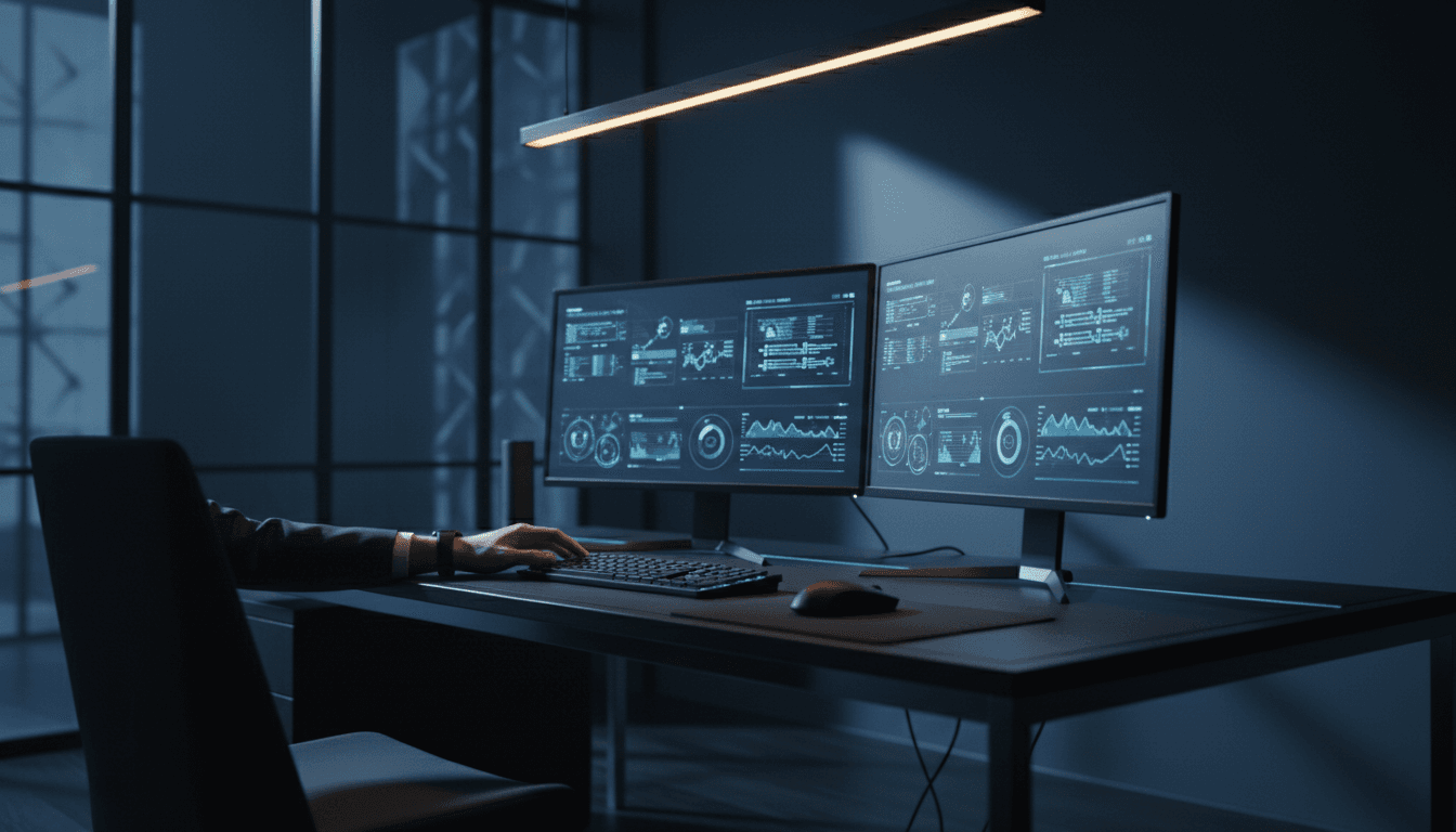 Professional working at modern desk with digital analytics displayed on monitors