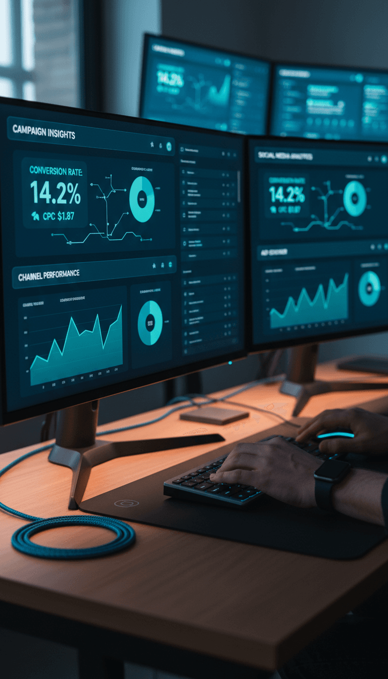 Digital marketer analyzing campaign performance on multiple monitors with blue accent lighting